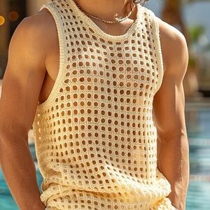 Men's Cream Crochet Tank Top